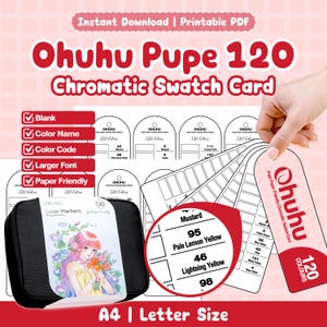 Tarjeta de muestras cromáticas de 120 marcadores de color Ohuhu Pupe / Fuente más grande / Imprimible en blanco, nombre del color + código / Apta para papel / PDF tamaño carta A4