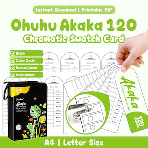 Könnte beinhalten: Ohuhu Akaka 120 Farbmusterkarten als druckbares PDF-Set. Enthält leere Vorlagen, Farbcodesektionen, Bonus-Cover und Lochführungen. Beinhaltet eine schwarze Tasche mit Frosch-Illustration und einer Kennzeichnung für 120 Farben. A4 und Letter-Format.