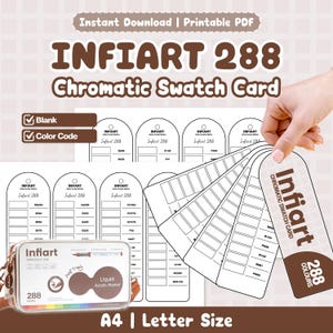 Infiart 288 Scheda campioni cromatica / PDF stampabile / Vuota / Codice colore / Pronta per raccoglitore ad anelli / Formato A4 + Letter / Pennarello acrilico