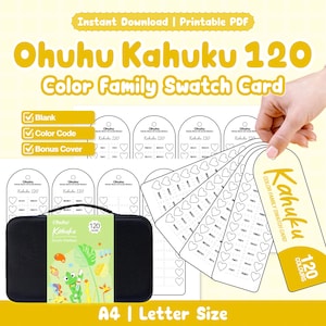 Puede incluir: Un conjunto de tarjetas de muestra de color Ohuhu Kahuku 120 imprimibles con plantillas en forma de corazón para probar colores, una portada adicional y un estuche negro para 120 marcadores acrílicos. El archivo digital es tamaño A4 y carta.