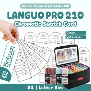 Può includere: Un set di cartelle colori cromatiche stampabili Languo Pro 210 con modelli vuoti e tabelle di codici colore. Include una custodia nera riempita con 192 pennarelli acrilici, due set da 9 pennarelli e una cartella colori a ventaglio.