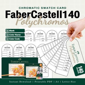 Peut inclure: Un ensemble de nuanciers chromatiques imprimables pour 140 crayons Faber-Castell Polychromos. Le document présente des modèles arqués vierges avec des espaces pour les noms et codes de couleur, ainsi que deux boîtes de 120 et 20 crayons en format A4.