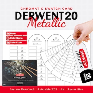 Op de afbeelding: Een printbare chromatische kleurkaart voor Derwent 20 Metallic potloden, met een zwart-wit lay-out met genummerde kleurvakjes, een afbeelding van de geschenkdoos en een waaiervormig label met de tekst Derwent Metallic 20 Colours.
