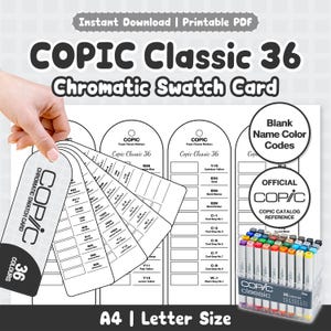 May include: A printable Copic Classic 36 Chromatic Swatch Card PDF featuring a fan of white paper tags with color codes, a grid for blank name color codes, and an official Copic catalog reference. Includes a clear plastic case of 36 markers.