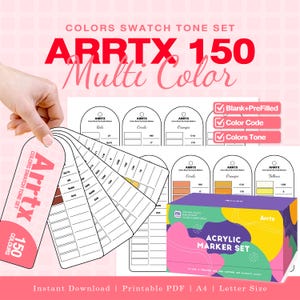 Op de afbeelding: Een Arrtx 150 Multi Color kleurstaalset met een printbaar PDF-bestand met lege en ingevulde kleurcodemodellen. De set bevat een waaier-stijl kleurstaalkaart en een rechthoekige doos met het label Acrylic Marker Set met abstracte vormen.