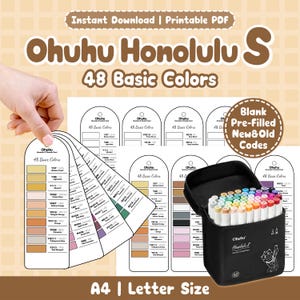 Ohuhu Honolulu S 48色基本色見本カード、空白＋記入済み新旧コード｜アルコールマーカー参考資料｜印刷可能なPDF