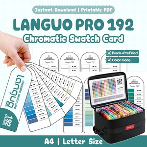 May include: A Languo Pro 192 chromatic swatch card printable PDF set featuring blank and pre-filled templates with colour codes. The set includes a fan-style swatch card and a black carrying case filled with 192 coloured markers in A4 and letter size.