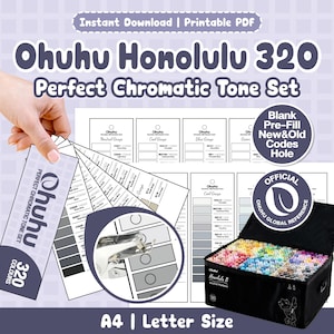 May include: A printable PDF set for Ohuhu Honolulu 320 markers, featuring color swatch charts with pre-fill codes and hole punch guides. Includes a black carrying case filled with markers and a header reading Ohuhu Honolulu 320.
