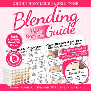 Op de afbeelding: Een printbare Ohuhu Honolulu 36 Skin Tone Blending Guide voor Porcelain-thema's. Het document bevat kleurstalen, 3-kleurencombinaties en 9 menginstructies met codes zoals Y34, YR17 en E511. Inclusief een afbeelding van markers en diverse tekst.