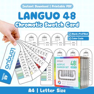 Pode incluir: Um conjunto de cartões de amostra em PDF imprimível para marcadores acrílicos Languo 48, com um guia de cores em leque com códigos, modelos em branco e uma caixa de 48 marcadores. O design inclui o texto Instant Download, Printable PDF, Languo 48.