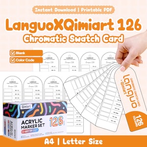 Tarjeta de muestras cromáticas Languo x Qimiart de 126 colores / PDF imprimible / Tabla de códigos de color en blanco / Referencia de marcadores acrílicos / PDF tamaño carta A4