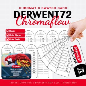 May include: A printable chromatic swatch card for Derwent Chromaflow 72 colored pencils. The set includes a metal tin featuring a parrot illustration, multiple blank swatch tags with spaces for color names and codes, and a fan-style layout.