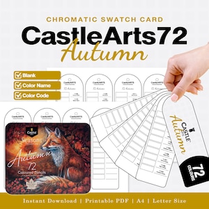 Puede incluir: Un conjunto de tarjetas de muestra digitales para lápices de colores Castle Arts 72 Autumn, con un diseño en PDF imprimible con espacios en blanco para nombres y códigos de color. El diseño incluye una ilustración de un zorro y etiquetas de texto.