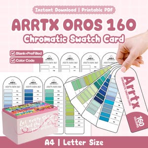 Könnte beinhalten: Ein druckbares Arrtx Oros 160 chromatische Farbmusterkarten-Set mit leeren und vorgefüllten Vorlagen inklusive Farbcodes. Das Set enthält bogenförmige Karten mit numerischen Beschriftungen und eine Schachtel mit Markern mit dem Text Let every shade reflect the life within your vision. Die Karten sind im A4- und Letter-Format.