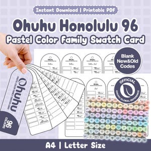 Könnte beinhalten: Ein druckbares Ohuhu Honolulu 96 Pastellfarben-Fächerkartenset mit leeren Vorlagen für neue und alte Farbcodes. Das Dokument enthält eine offizielle Referenz mit einem Raster aus pastellfarbenen Markerkappen und einer Fächer-Farbkarte.