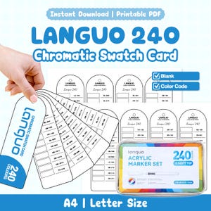Può includere: Un set di schede colore Languo 240 in PDF stampabile con etichette bianche ad arco, testo nero e caselle per codici colore. Il set include una custodia rettangolare con l'etichetta Languo Acrylic Marker Set da 240 colori e punte morbide.