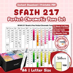 SFAIH 217 Rotuladores de Alcohol Perfect Chromatic Tone Set / En blanco + Precargados / Color + Código de Mezcla / Pincel y Punta Fina / PDF tamaño Carta A4
