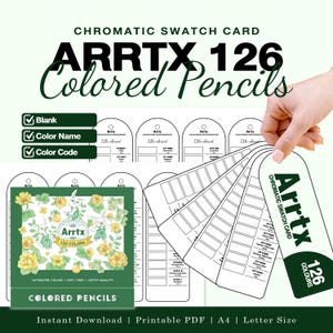 Peut inclure: Une carte de nuancier chromatique numérique pour 126 crayons de couleur Arrtx, comprenant des modèles PDF imprimables aux formats A4 et lettre. Le design inclut des espaces vides pour les noms et codes de couleur, avec une illustration florale.