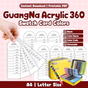 Può includere: Un PDF stampabile con "GuangNa Acrylic 360 Swatch Card Colors". L'immagine mostra schede di campioni di colore, una valigetta gialla e un pennarello. Le schede includono nomi e codici colore. Il testo sull'immagine dice "Download istantaneo | PDF stampabile" e "A4 | Letter Size."