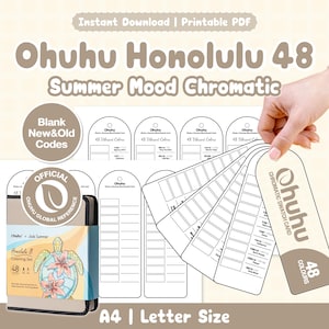 Könnte beinhalten: Ein druckbares PDF-Malset mit der Ohuhu Honolulu 48 Summer Mood Chromatic Kollektion. Enthält leere Farbkarten mit gewölbten Oberseiten, einen Referenzleitfaden und ein Deckblatt mit einer Schildkrötenillustration. Der Text umfasst Ohuhu Honolulu 48 Summer Mood Chromatic, Official Ohuhu Global Reference und A4 Letter Size.