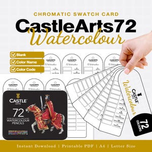 Può includere: Un download digitale di una scheda di campioni cromatici per 72 matite acquerellabili Castle Arts. Il PDF stampabile include modelli vuoti per nomi e codici colore, con il logo Castle Arts e la grafica di un cavaliere a cavallo.