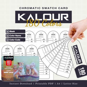 Op de afbeelding: Een Kalour 180 Colors chromatische kleurstaalkaart als printbare PDF. Het document bevat lege sjablonen met ruimtes voor kleurnamen en codes, naast een illustratie van een metalen blik met vier jachtluipaardwelpen. Het bevat tekstlabels.