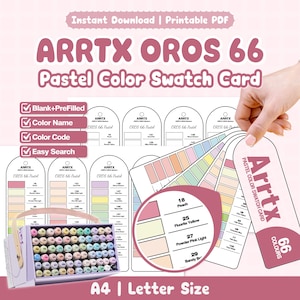 Puede incluir: Un conjunto de tarjetas de muestra de colores pastel Arrtx Oros 66 imprimibles en tamaño A4 y carta. El documento incluye plantillas en blanco y prellenadas con nombres y códigos de color para marcadores. Se muestra una caja de 66 marcadores.