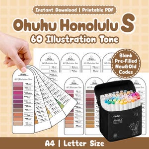 Ohuhu Honolulu S 48色基本色見本カード、空白＋記入済み新旧コード｜アルコールマーカー参考資料｜印刷可能なPDF