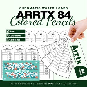 Arrtx 84 Colored Pencils Chromatic Swatch Card | Printable PDF | Blank | Color Name + Code | Pencil Reference Chart | A4 Letter Size