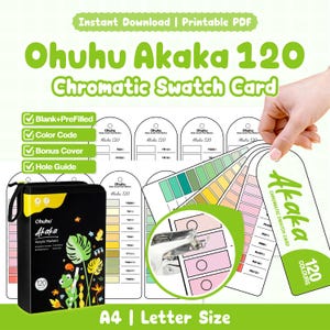 Peut inclure: Un ensemble de cartes de nuancier chromatique Ohuhu Akaka 120 imprimables pour marqueurs acryliques. Comprend un étui de transport noir avec une illustration de grenouille, des étiquettes blanches, un guide de perforation et une couverture.