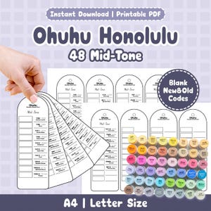 Può includere: PDF stampabile con pennarelli Ohuhu Honolulu 48 Mid-Tone. L'immagine include campioni di colore, schede codice vuote e un set di pennarelli. Il testo sull'immagine recita "Download istantaneo" e "A4 | Letter Size."