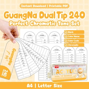 Könnte beinhalten: GuangNa Dual Tip 240 Perfect Chromatic Tone Set als druckbares PDF mit Farbkarten für Marker. Enthält eine transparente Tasche mit 240 Acryl-Doppelspitzenmarkern, beschrifteten Farbnamen, Codes und leeren Feldern zum Testen der Farben auf A4-Papier.