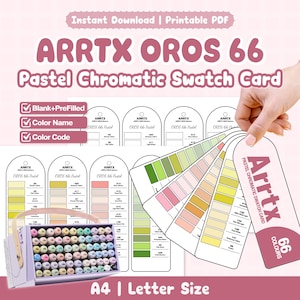 Może przedstawiać: Zestaw kart wzornika kolorów pastelowych Arrtx Oros 66 w formacie PDF do druku, zawierający puste i wypełnione szablony z nazwami oraz kodami kolorów. Zestaw obejmuje łukowate karty oraz pudełko z 66 markerami w różnych odcieniach pastelowych.