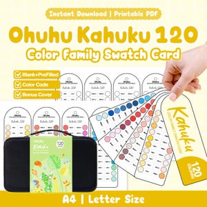 May include: Ohuhu Kahuku 120 colour family swatch card printable PDF set. Includes blank and pre-filled templates, colour codes, and a bonus cover. Features a black carrying case with a green label showing a frog illustration and 120 count text.