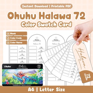 Op de afbeelding: Een printbare Ohuhu Halawa 72 kleurstaalkaartset met lege sjablonen, kleurcodes en namen. Het ontwerp bevat boogvormige labels voor het organiseren van kleuren, vergezeld van een productdoos met een libelle-illustratie.