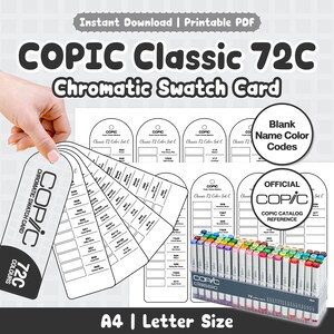 Peut inclure: Une fiche d'échantillons chromatiques COPIC Classic 72C en PDF imprimable avec des étiquettes arquées indiquant les codes et noms de couleurs. L'ensemble inclut un étui transparent de 72 marqueurs et des étiquettes en éventail, format A4.