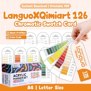 Pode incluir: Um conjunto de cartões de amostra cromáticos LanguoXQimiart 126 com páginas PDF imprimíveis que incluem modelos de códigos de cores em branco e pré-preenchidos. O conjunto inclui uma caixa de marcadores acrílicos e amostras em leque.