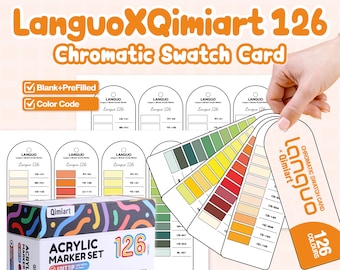 Languo x Qimiart 126 Chromatic Swatch Karte | Druckbare PDF | Blank + Vorausgefüllt | Farbcode-Diagramm | Acrylmarker | A4 Letter Größe
