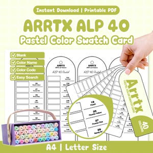 Può includere: Una cartella colori pastello Arrtx ALP 40 stampabile con campi rettangolari vuoti per testare i colori, etichettati con nomi e codici. Il set include una scatola viola con pennarelli pastello e una cartella colori a ventaglio.