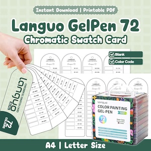 以下が含まれることがあります： A4およびレターサイズの印刷可能なLanguo GelPen 72色見本カードセット。デジタルファイルには、72色のゲルペンを整理するための空白およびカラーコードテンプレートが含まれており、花柄のブランドボックスと明確なラベルが特徴です。