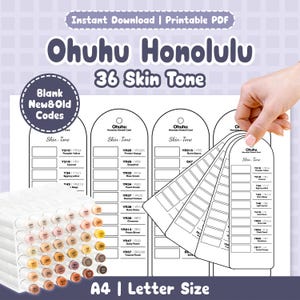 Pode incluir: Um PDF imprimível com amostras de cores Ohuhu Honolulu 36 Skin Tone. A imagem mostra uma mão segurando um leque de amostras de cores, com um conjunto de marcadores em primeiro plano. O texto inclui "Download instantâneo" e "A4 | Letter Size."