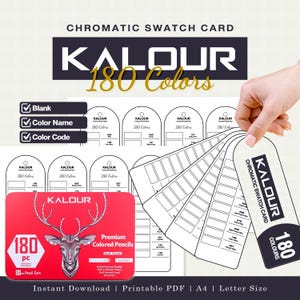May include: A Kalour 180 Colours chromatic swatch card set featuring printable PDF templates with blank spaces for colour names and codes. The set includes a red tin box with a deer illustration and the text 180 pc Premium Coloured Pencils.