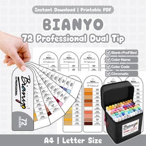 May include: A set of 72 dual-tip professional markers by Bianyo, displayed with color swatches and a carrying case. The image includes the text "Instant Download | Printable PDF" and "A4 | Letter Size."