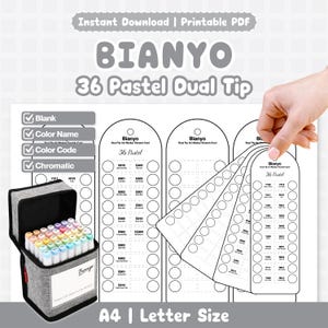 May include: A set of 36 pastel dual-tip markers by Bianyo, displayed with a gray carrying case and color swatch cards. The image includes the text "Instant Download | Printable PDF" and "A4 | Letter Size".