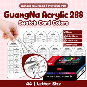 Op de afbeelding: Een afdrukbare PDF met GuangNa Acrylic 288 kleurstalen. De afbeelding toont kleurstalen, een doos met stiften en de tekst "Direct downloaden" en "A4 | Letter Size". Het product bevat kleurnamen, codes en een gatenwijzer.