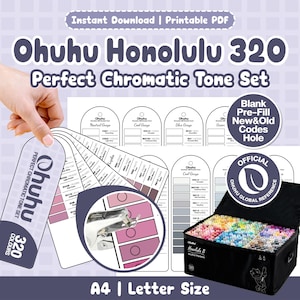 Puede incluir: Un conjunto de PDF imprimible para marcadores Ohuhu Honolulu 320, que incluye tarjetas de muestra de color con espacios para rellenar, una guía de perforación y un sello de referencia oficial. Incluye plantillas A4 y carta para organizar.