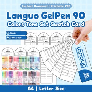 以下が含まれることがあります： Languo GelPen 90色トーンセット用の印刷可能なPDFカラーチャートカードセット。ゲルペンのインクサンプルを整理するための空白およびカラーコードテンプレートが含まれています。シリーズカテゴリーとA4またはレターサイズのオプションが記載されています。