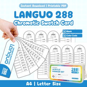 Może przedstawiać: Zestaw kart kolorów Languo 288 w formacie PDF do druku, zawierający białe papierowe etykiety z czarnym tekstem i obrysami. Etykiety zawierają napis Languo 288, kody kolorów i puste pola do wypełnienia. Widoczne jest białe etui na zestaw 288 markerów.