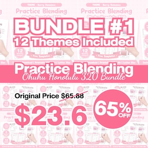 May include: A digital practice blending bundle for Ohuhu Honolulu 320 markers featuring 12 themes. The pink and white graphic includes the text BUNDLE #1, 12 Themes Included, Practice Blending Ohuhu Honolulu 320 Bundle, and 65% OFF.