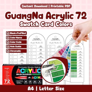 Op de afbeelding: Afdrukbare PDF van GuangNa Acrylic 72 kleurstalenkaarten. De afbeelding toont een doos met acryl brush markers en kleurstalenkaarten. De kaarten hebben kleurnamen, codes en een gatenwijzer. Op de doos staat "ACRYLIC BRUSH MARKER GN.8101-72".